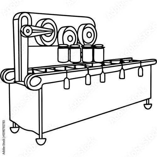 Packing machine line illustration, depicting industrial automation for packaging. Automated packing machine processes and packages goods efficiently.