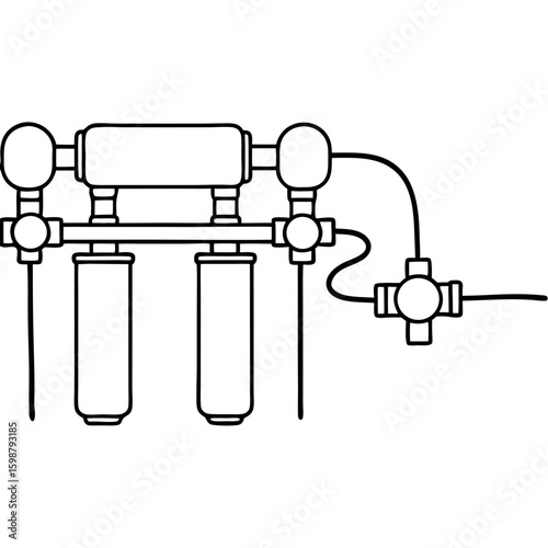 Outlined pneumatic system illustrates industrial automation and control. Pneumatic system shows components, including valves, cylinders, and pipes for air pressure manipulation.