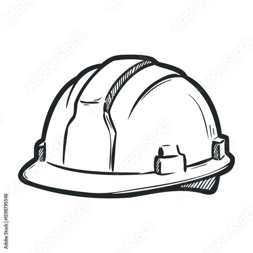 White construction safety helmet with black outline. Vector illustration