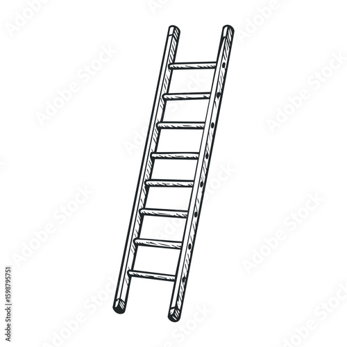 Wooden ladder sketch with hand-drawn rungs and uprights in black and white. Vector illustration