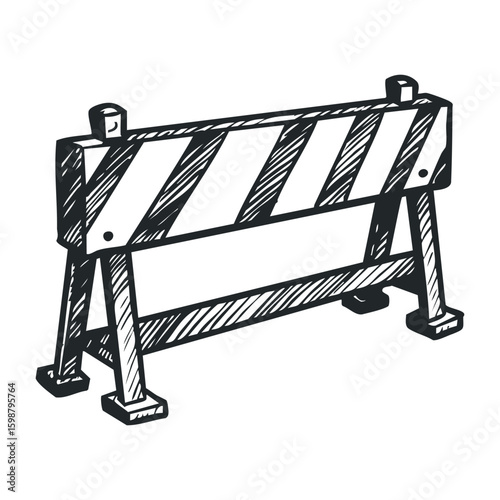 Monochrome urban construction barrier sketch with diagonal stripes. Vector illustration