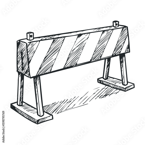Sketched traffic barrier with diagonal stripes on stand. Vector illustration