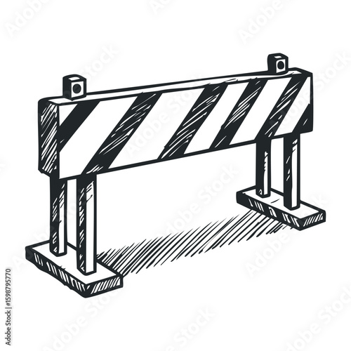 Monochrome traffic barrier sketch with diagonal stripes and simple stand. Vector illustration