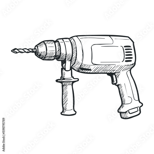 Hand drawn electric drill sketch with detailed outline and handle. Vector illustration