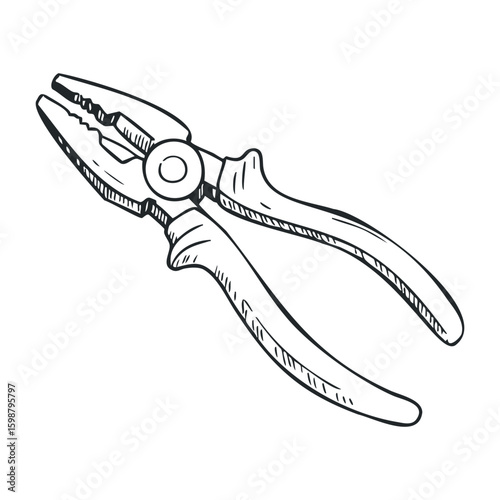 Black and white vector of a pair of pliers with ribbed metal jaws and rubber handles. Vector illustration