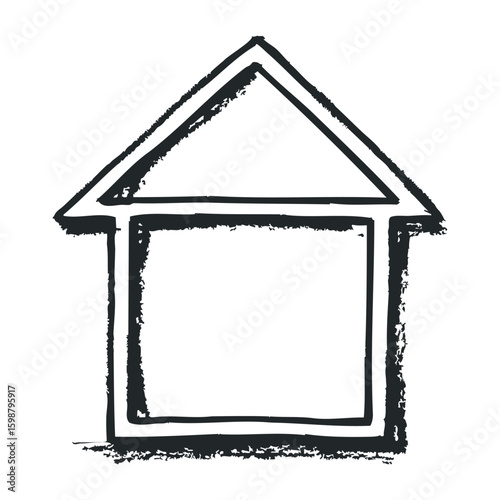 Simple black and white sketch of a house with triangle roof and square base. Vector illustration