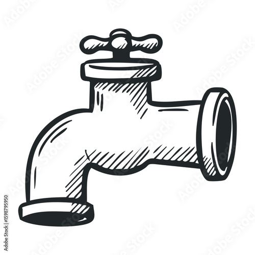 Black and white sketch of vintage water faucet tap. Vector illustration