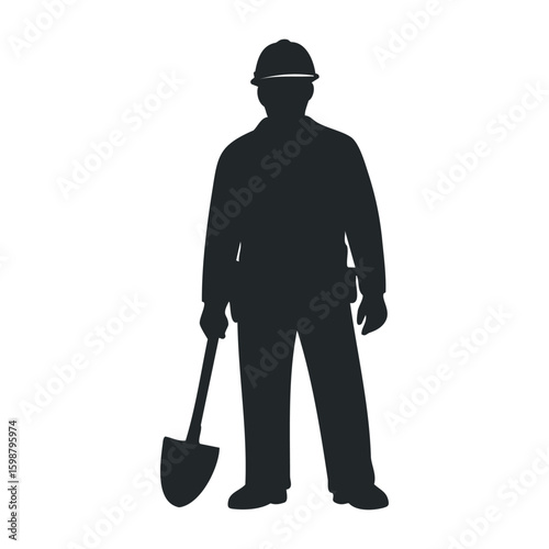 Silhouette of male construction worker with shovel wearing safety gear. Vector illustration