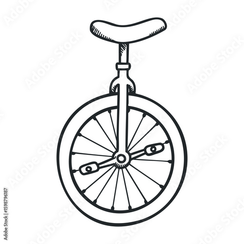 Monochrome sketch of a classic unicycle with pedals and seat. Vector illustration