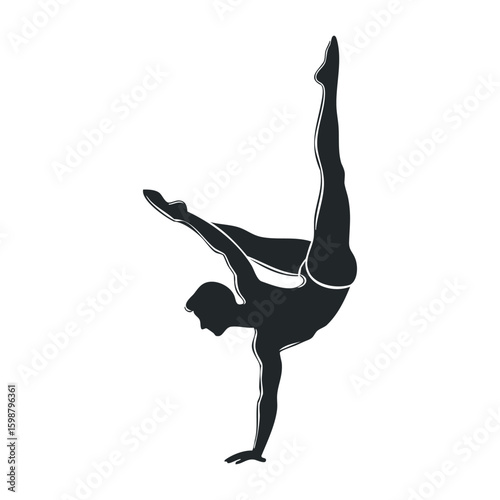 Silhouette of a female gymnast performing an advanced handstand pose. Vector illustration