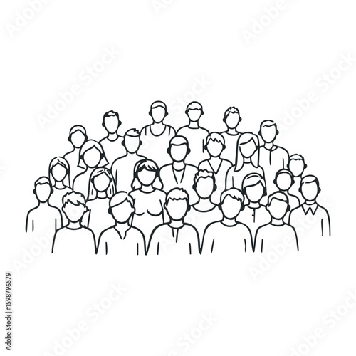 Diverse group of adults and teens in line art illustration. Vector illustration