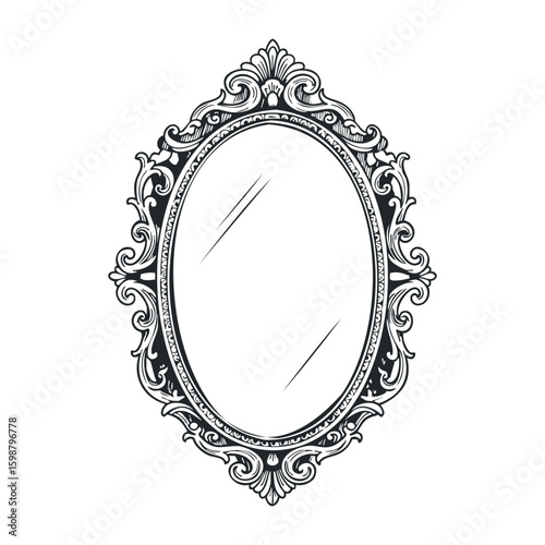 Ornate vintage oval mirror with intricate black frame design on white background. Vector illustration