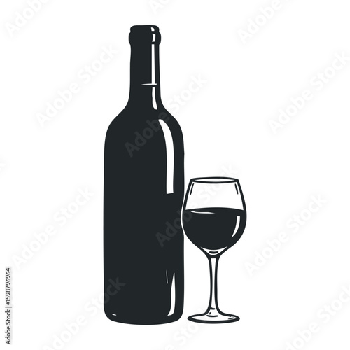 Elegant wine bottle and glass silhouette with black outline on white background. Vector illustration