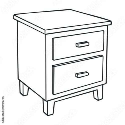 Black and white sketch of a two-drawer wooden nightstand. Vector illustration