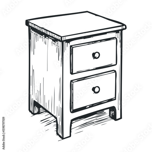 Simple wooden nightstand with two drawers sketch. Vector illustration