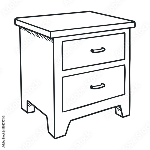Simple wooden nightstand with two drawers in black and white line art design. Vector illustration