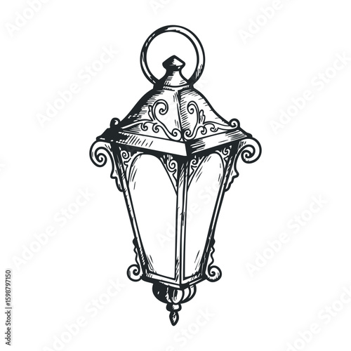 Vintage ornate street lantern illustration with intricate details and elegant patterns. Vector illustration