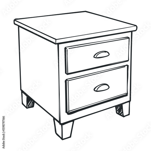 Black and white sketch of a two-drawer wooden nightstand with simple design. Vector illustration