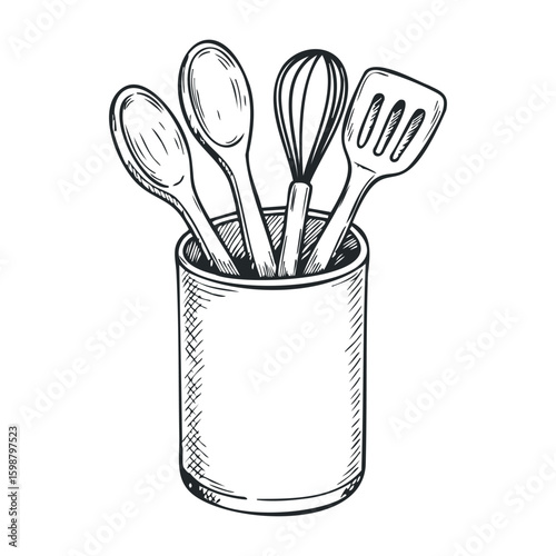 Kitchen utensils in holder: spoons, whisk, spatula line art illustration. Vector illustration