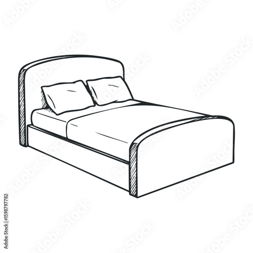 Simple outline of a bed with pillows on white background. Vector illustration