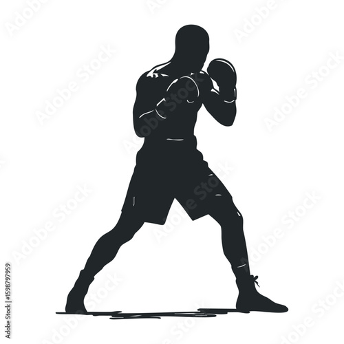 Silhouette of a male boxer in fighting stance in black and white. Vector illustration