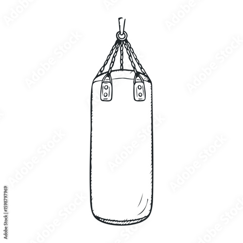 Monochrome sketch of a hanging punching bag with chains for boxing training. Vector illustration