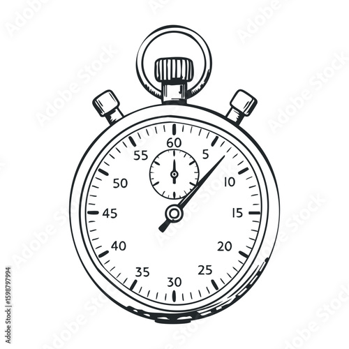 Vintage stopwatch outline drawing with detailed linework. Vector illustration