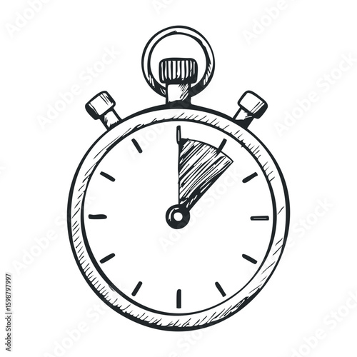 Hand-drawn stopwatch with lined detail and time measurement indicators. Vector illustration
