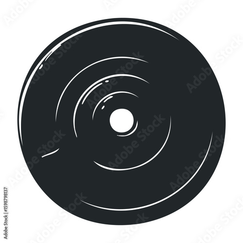 Black vinyl record with circular grooves on white background. Vector illustration