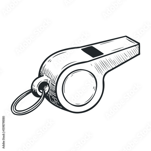 Black and white sketch of a sports whistle with ring for referees and coaches. Vector illustration