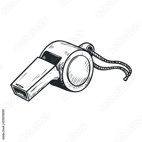 Black and white sketch of classic whistle with lanyard. Vector illustration