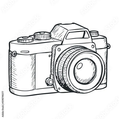Black and white sketch of vintage camera with detailed lens and buttons. Vector illustration