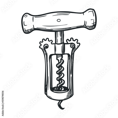 Vintage corkscrew with wooden handle and gear mechanism. Vector illustration