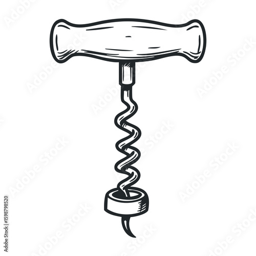 Vintage corkscrew with wooden handle and spiral metal screw design. Vector illustration