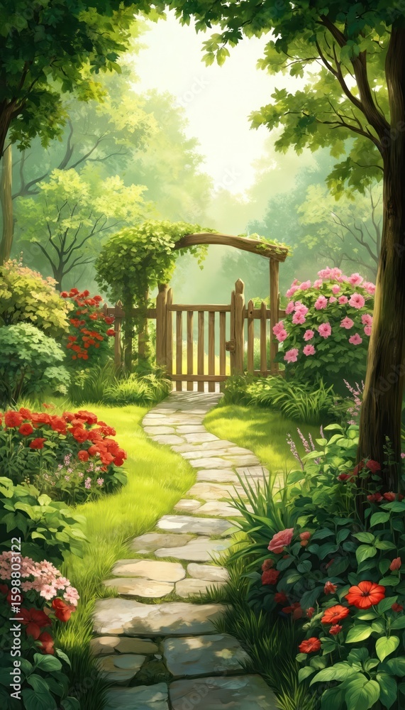 Obraz premium Stone path winds through garden bursting with red, pink flowers. Green trees, grass surround rustic wooden gate, fence. Sunlight filters through leaves, illuminating serene, natural spring landscape.
