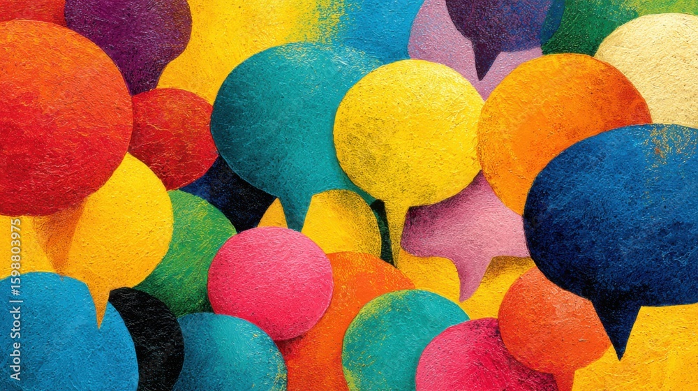 Fototapeta premium A colorful painting of many different colored balloons with a speech bubble in the middle. The painting has a playful and fun mood