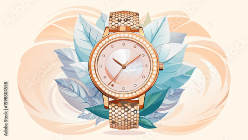 A luxurious women’s wristwatch with rose gold frame, mother-of-pearl dial, crystal hour markers, and thin mesh strap. Elegant, timeless beauty displayed perfectly on a soft white background.

