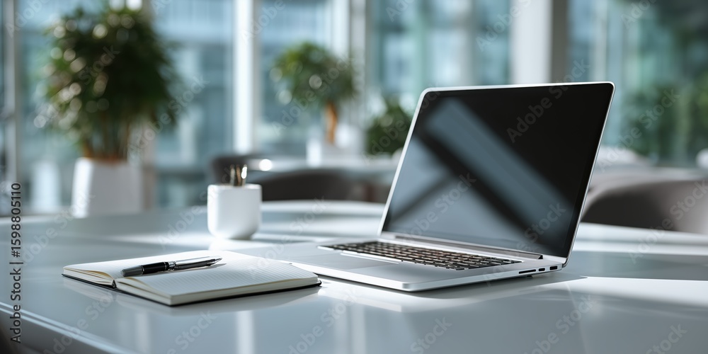 custom made wallpaper toronto digitalLaptop, notebook, coffee cup on reflective office table, soft sunlight, green plants, spacious workspace


