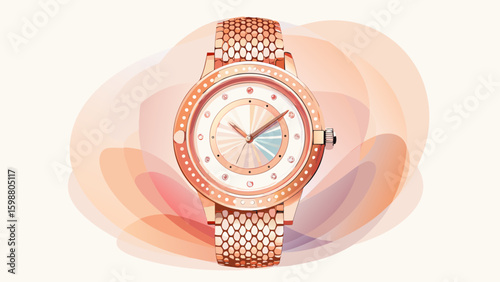 A luxurious women’s wristwatch with rose gold frame, mother-of-pearl dial, crystal hour markers, and thin mesh strap. Elegant, timeless beauty displayed perfectly on a soft white background.

