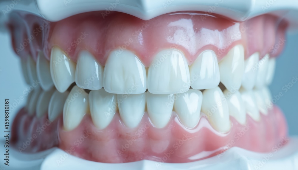 Obraz premium Close-up of perfect smile, healthy teeth and gums. White, clean dental implants showing bright enamel. Realistic dental model for education or dentistry advertisement.
