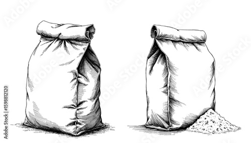 Vintage black pen sketch of two paper bags of flour