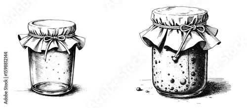 Vintage black pen sketch of jar of jam on white background  