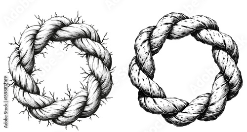 Vintage black pen sketch close up of rope wreaths on white background  
