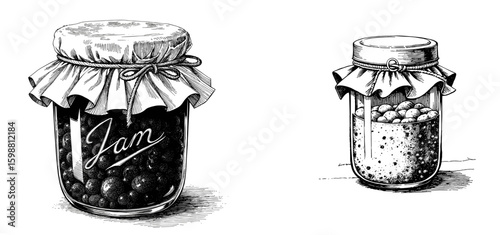 Vintage black pen sketch close up on jam jar and jar of sugar  