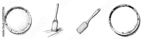 Vintage black pen sketch of round tray and wooden spatula for baking  