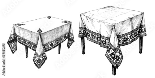 Vintage black pen sketch close up on white background of decorative tablecloth  