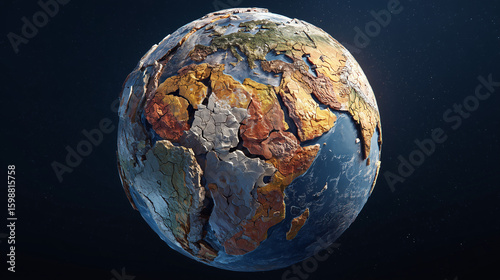 A geological visualization of Earth's continents as fragmented, dry pieces coming together