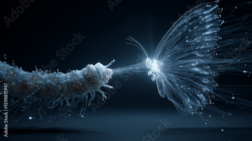 A conceptual visualization of a caterpillar made of data transforming into a digital butterfly