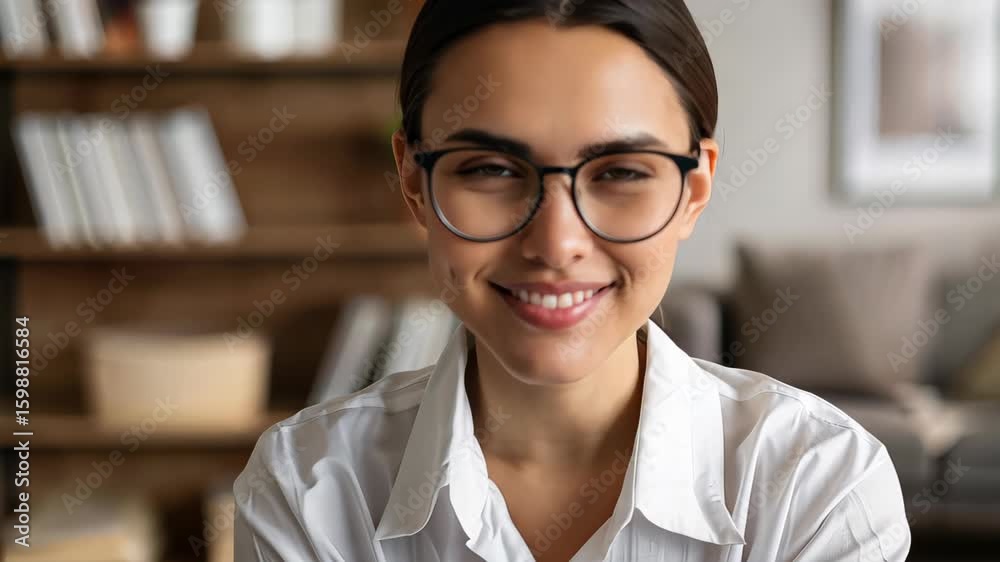Radiant Smile: Captivating portrait of a woman with glasses, emanating confidence, happiness, and intelligence. A close-up shot, exuding approachability. Radiant Smile: Captivating portrait of a woman with glasses, emanating confidence, happiness, and intelligence. A close-up shot, exuding approachability.