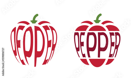 Two bell peppers with inscription pepper. Vegetable, planting and harvest symbols. Natural organic food. Isolated vector images